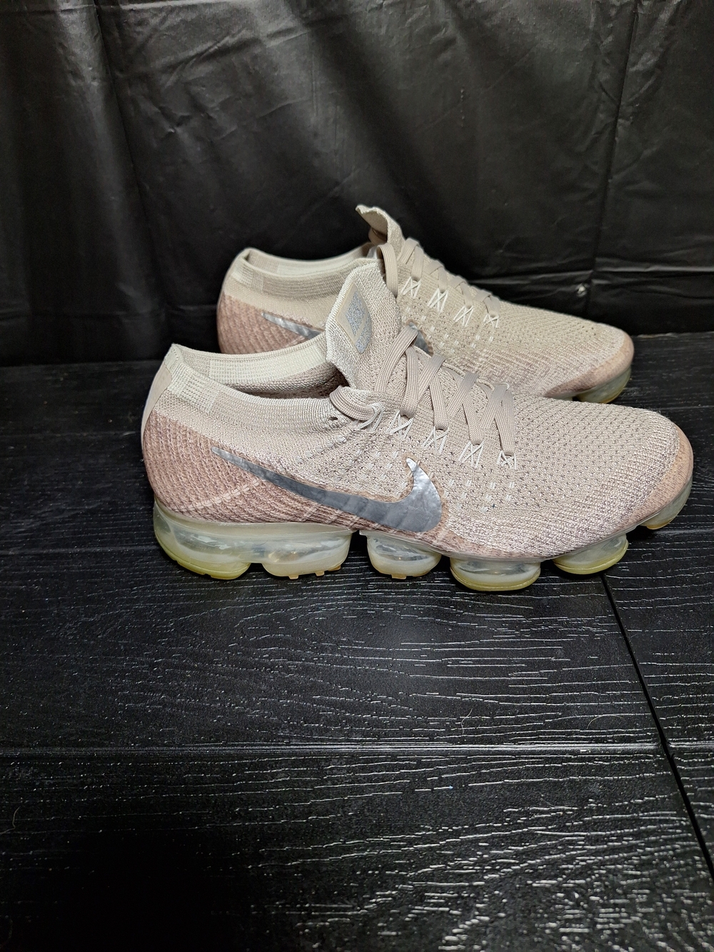 Nike Women's Air VaporMax Flyknit Running Shoes - Taupe/Metallic Silver Sz 9